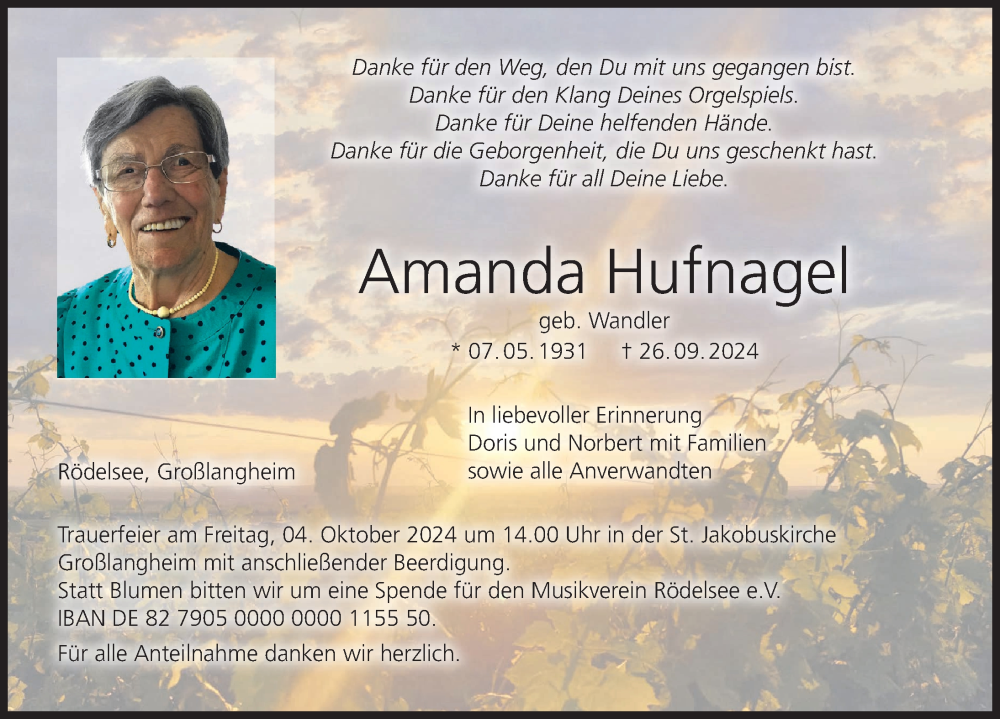  Traueranzeige für Amanda Hufnagel vom 01.10.2024 aus MGO