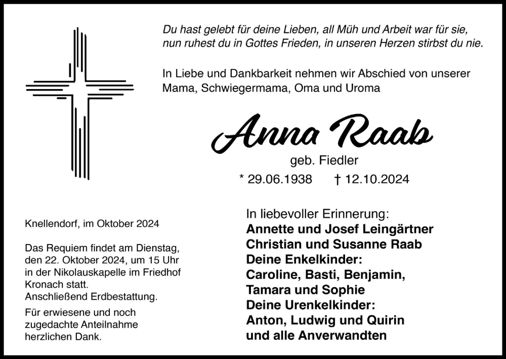  Traueranzeige für Anna Raab vom 17.10.2024 aus MGO