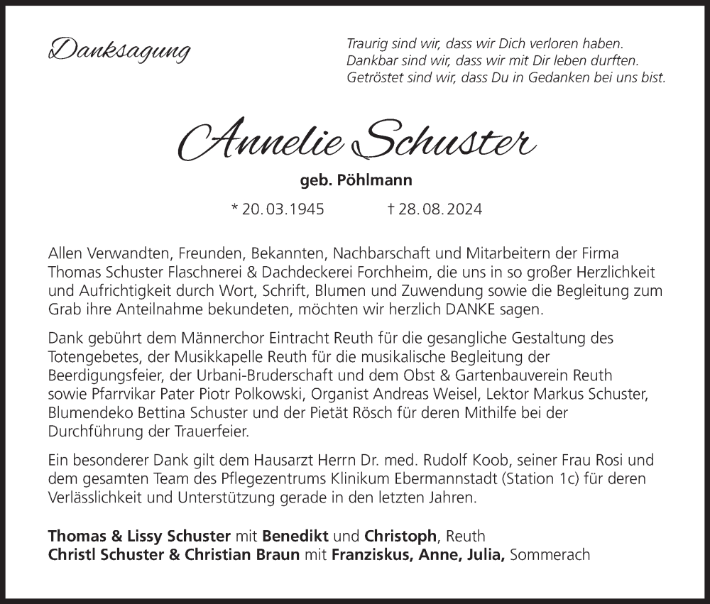  Traueranzeige für Annelie Schuster vom 26.10.2024 aus MGO