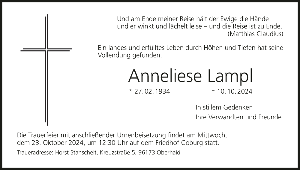 Traueranzeige für Anneliese Lampl vom 18.10.2024 aus MGO