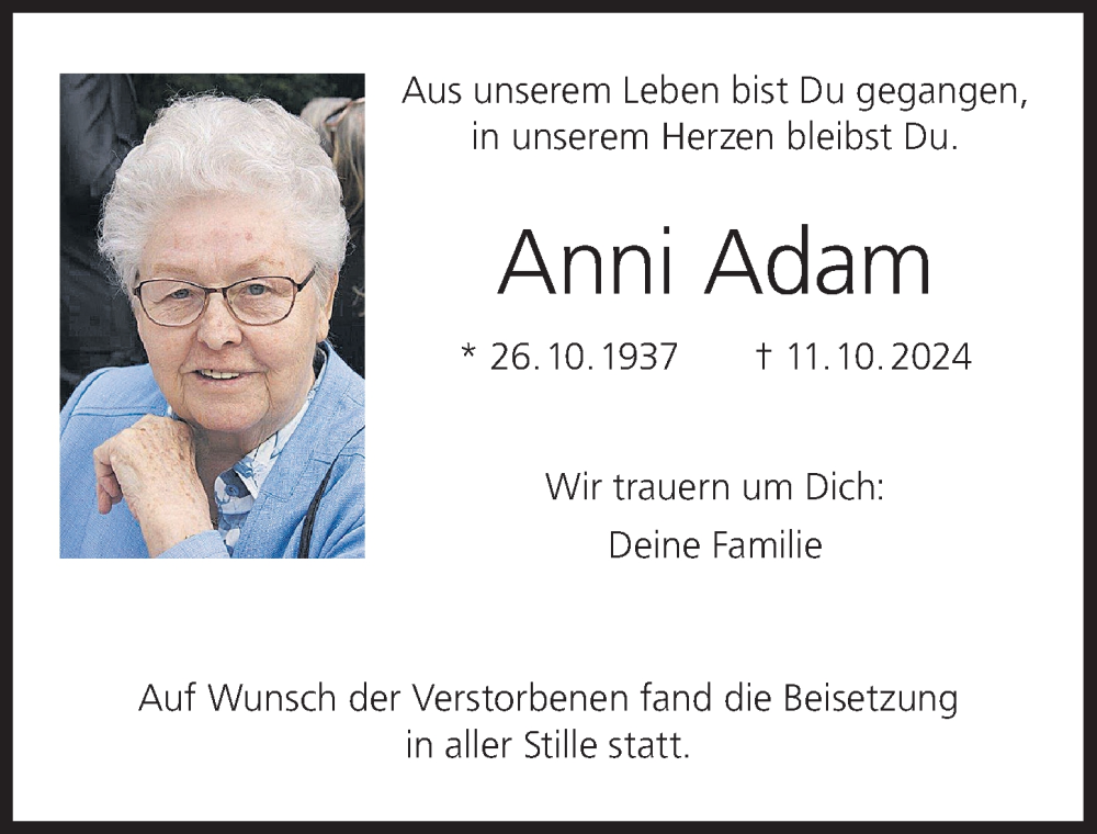  Traueranzeige für Anni Adam vom 26.10.2024 aus MGO