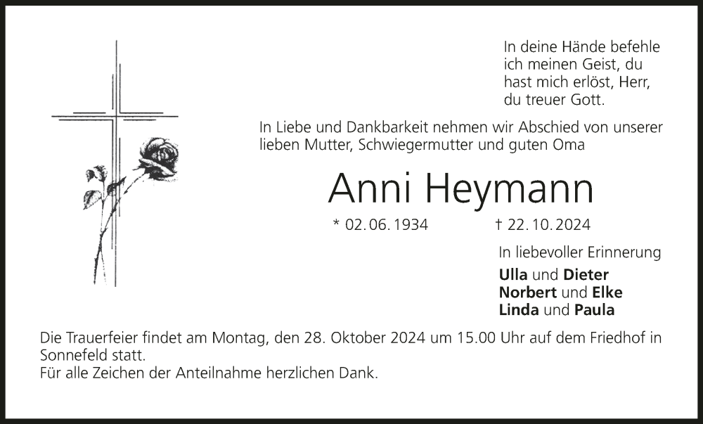  Traueranzeige für Anni Heymann vom 26.10.2024 aus MGO