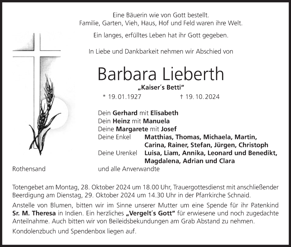  Traueranzeige für Barbara Lieberth vom 26.10.2024 aus MGO
