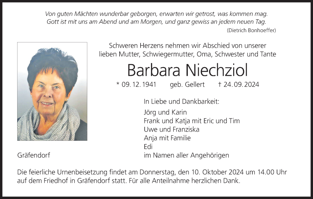  Traueranzeige für Barbara Niechziol vom 05.10.2024 aus MGO