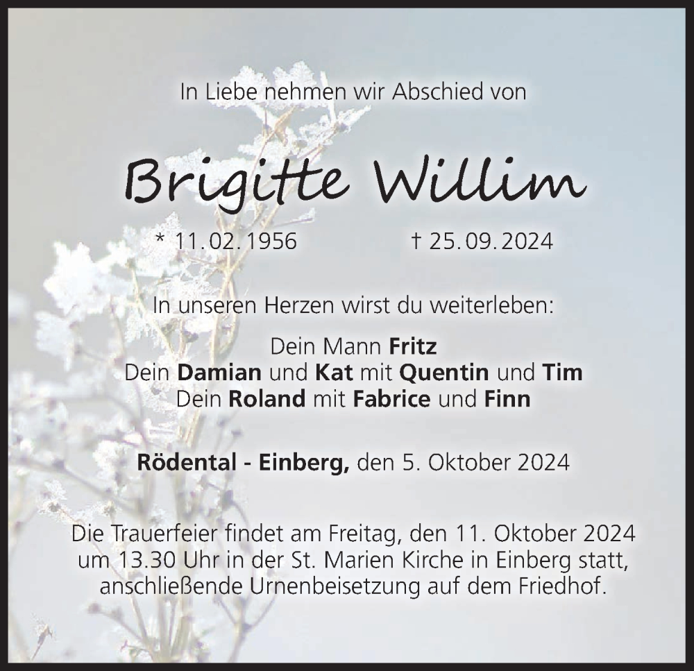  Traueranzeige für Brigitte Willim vom 05.10.2024 aus MGO