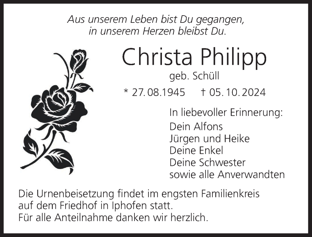  Traueranzeige für Christa Philipp vom 12.10.2024 aus MGO