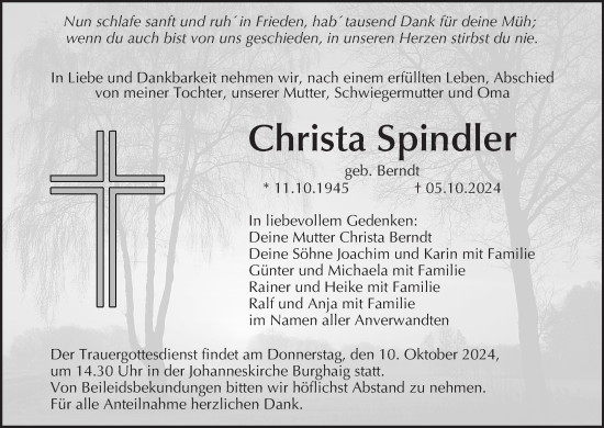 Anzeige von Christa Spindler von MGO