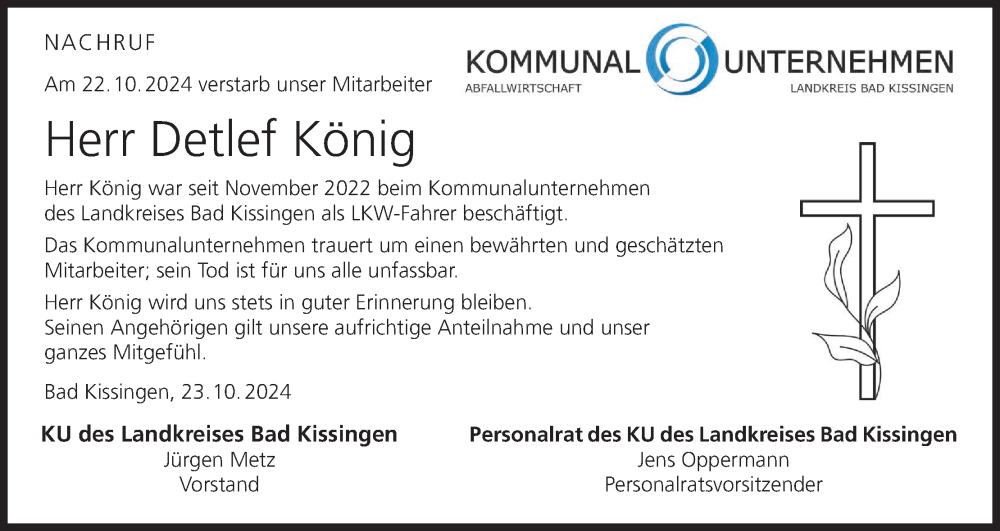  Traueranzeige für Detlef König vom 26.10.2024 aus MGO