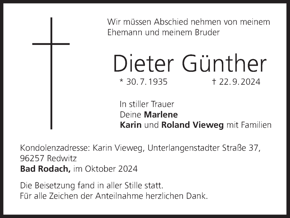  Traueranzeige für Dieter Günther vom 12.10.2024 aus MGO