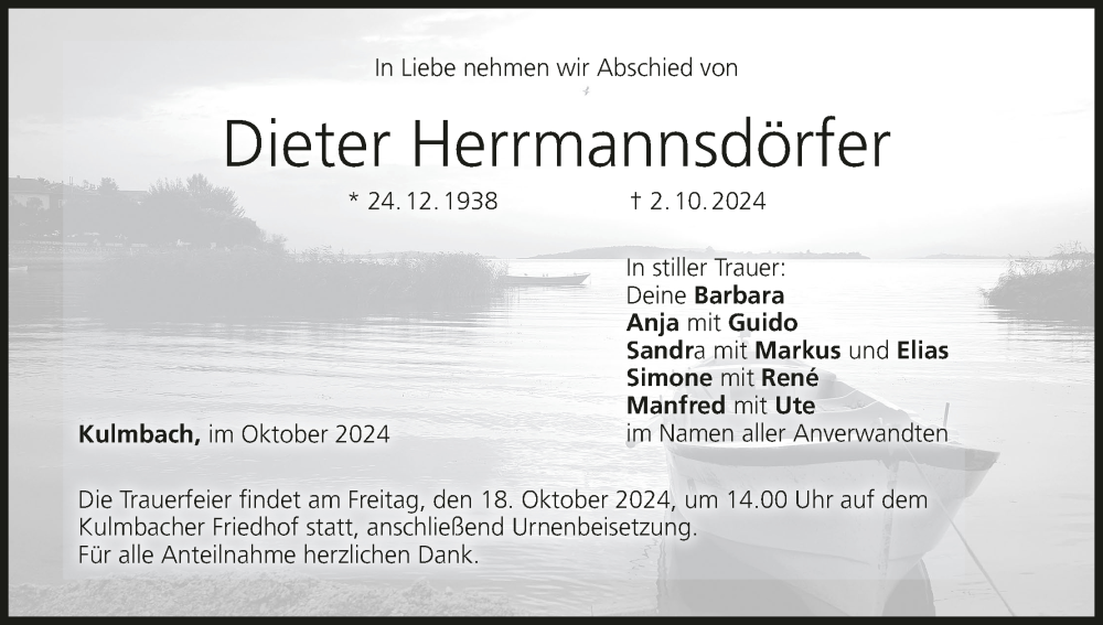  Traueranzeige für Dieter Herrmannsdörfer vom 12.10.2024 aus MGO