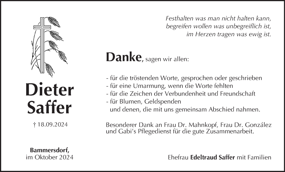  Traueranzeige für Dieter Saffer vom 05.10.2024 aus MGO