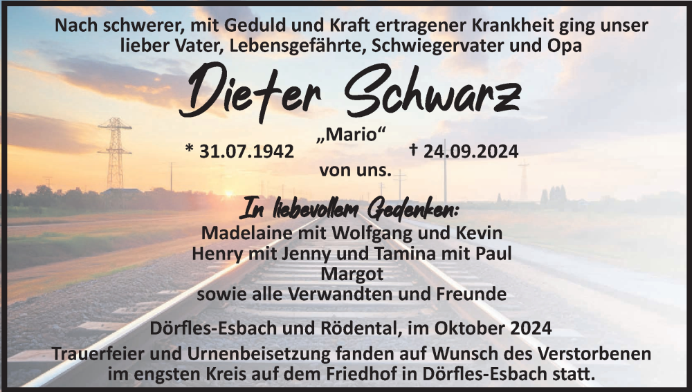  Traueranzeige für Dieter Schwarz vom 05.10.2024 aus MGO