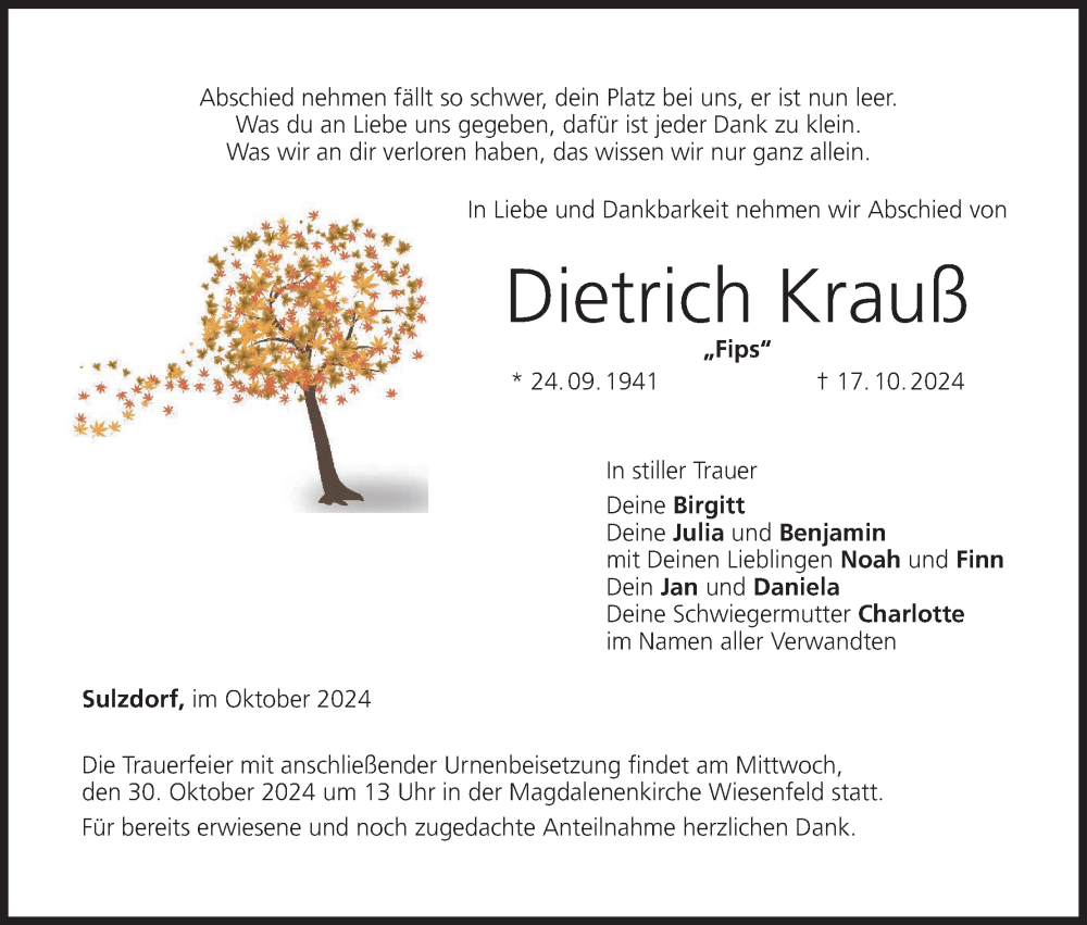  Traueranzeige für Dietrich Krauß vom 26.10.2024 aus MGO