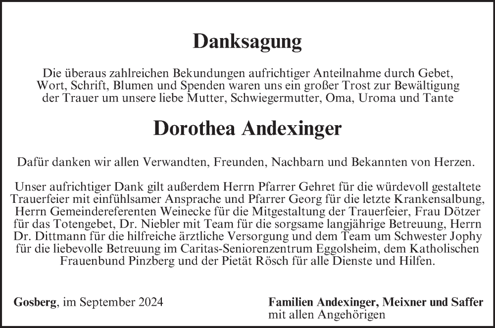  Traueranzeige für Dorothea Andexinger vom 19.10.2024 aus MGO