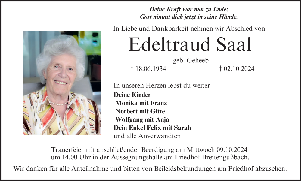  Traueranzeige für Edeltraud Saal vom 05.10.2024 aus MGO
