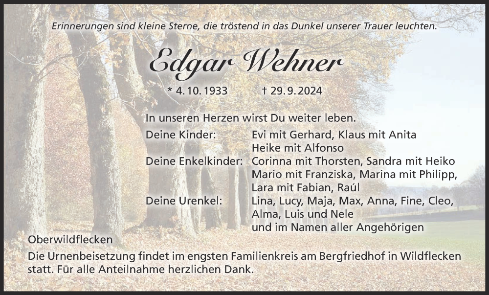  Traueranzeige für Edgar Wehner vom 05.10.2024 aus MGO