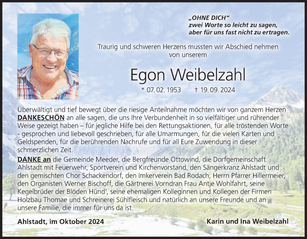  Traueranzeige für Egon Weibelzahl vom 12.10.2024 aus MGO