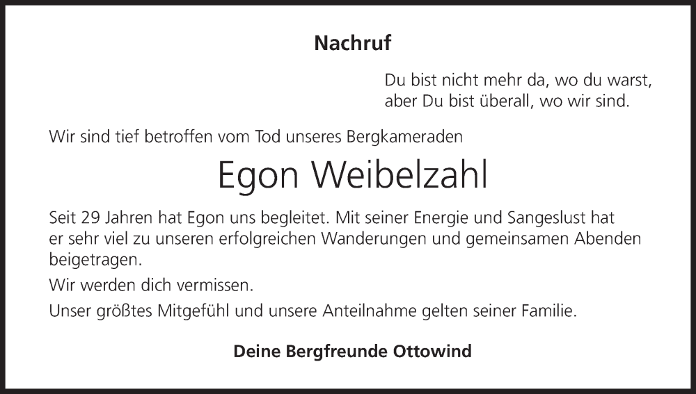  Traueranzeige für Egon Weibelzahl vom 05.10.2024 aus MGO