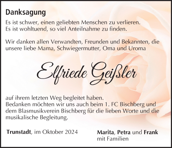 Anzeige von Elfriede Geißler von MGO