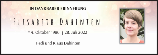 Anzeige von Elisabeth Dahinten von MGO