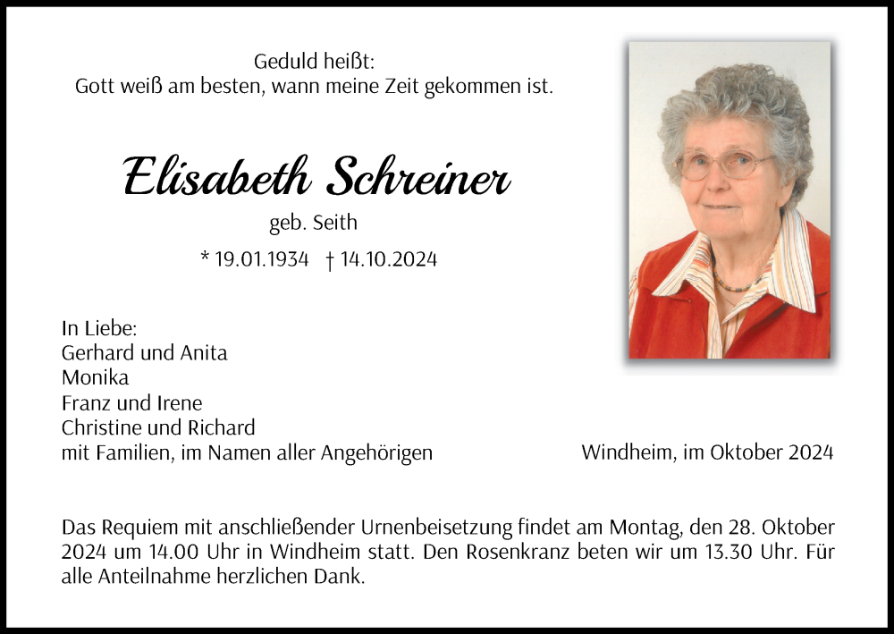  Traueranzeige für Elisabeth Schreiner vom 19.10.2024 aus MGO