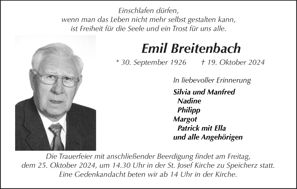  Traueranzeige für Emil Breitenbach vom 23.10.2024 aus MGO