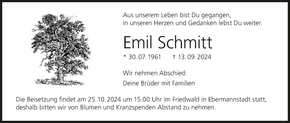  Traueranzeige für Emil Schmitt vom 19.10.2024 aus MGO