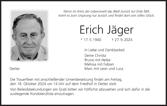 Anzeige von Erich Jäger von MGO