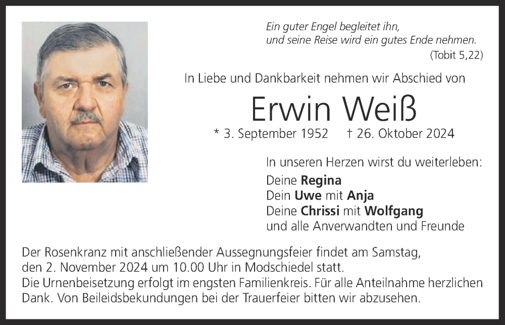  Traueranzeige für Erwin Weiß vom 29.10.2024 aus MGO
