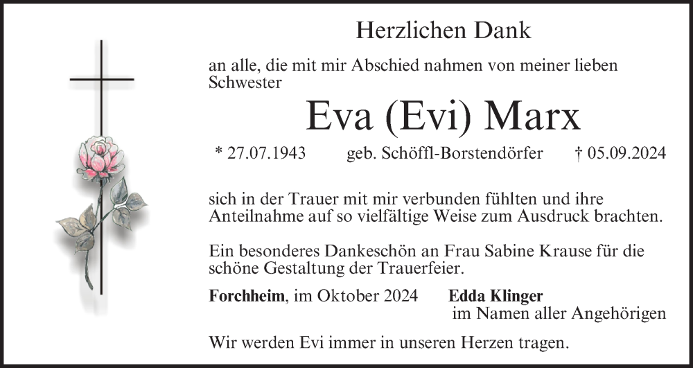  Traueranzeige für Eva Marx vom 19.10.2024 aus MGO