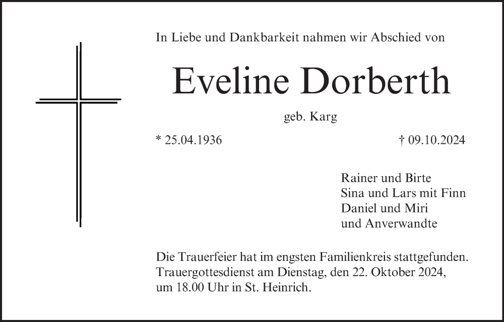  Traueranzeige für Eveline Dorberth vom 19.10.2024 aus MGO