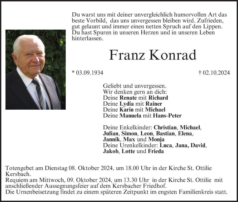  Traueranzeige für Franz Konrad vom 05.10.2024 aus MGO