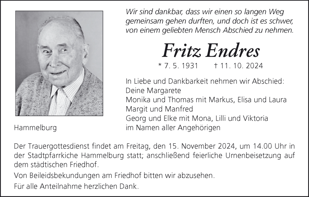  Traueranzeige für Fritz Endres vom 19.10.2024 aus MGO