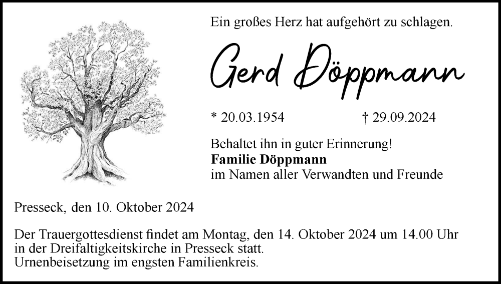  Traueranzeige für Gerd Döppmann vom 10.10.2024 aus MGO