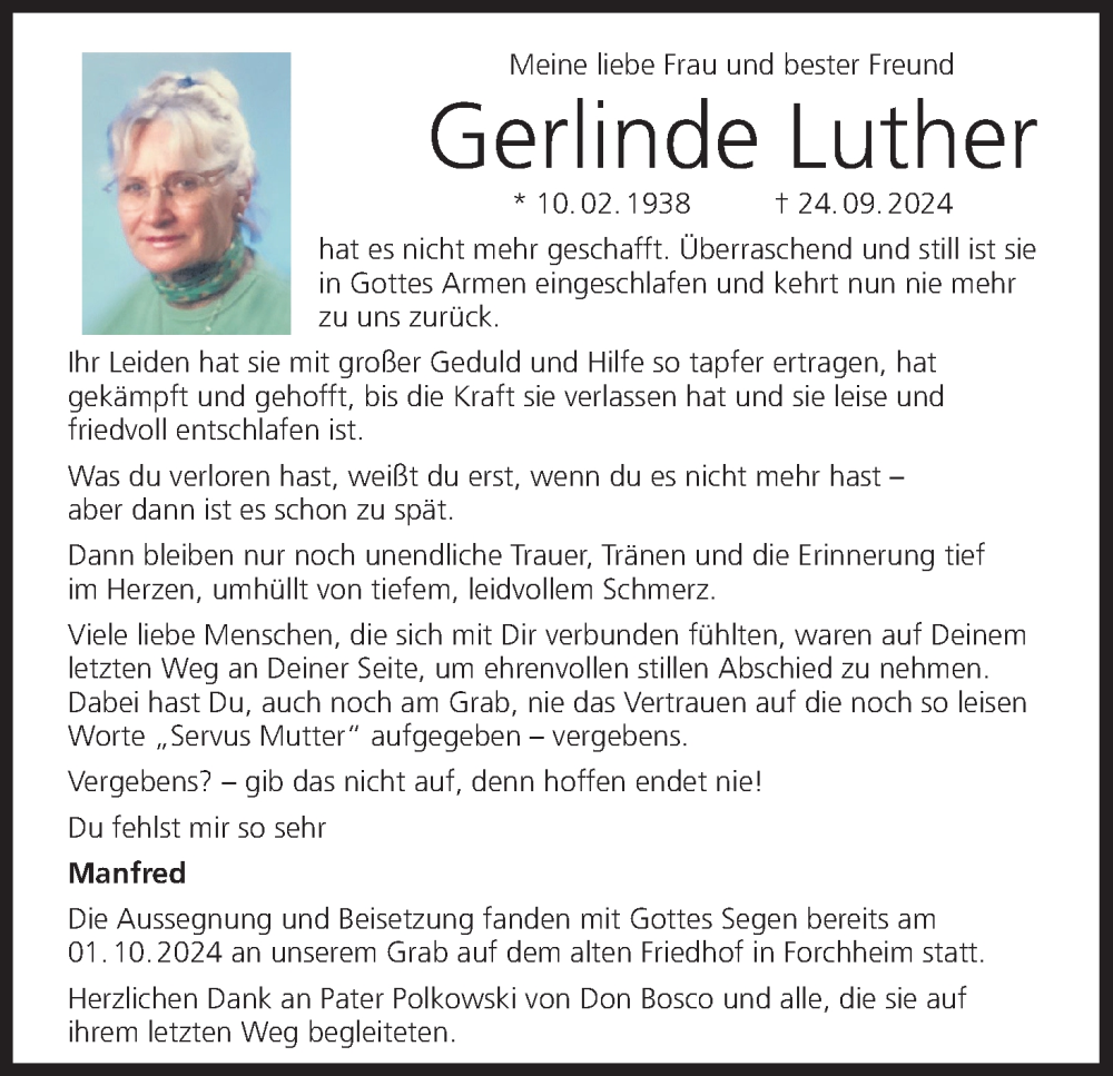  Traueranzeige für Gerlinde Luther vom 19.10.2024 aus MGO