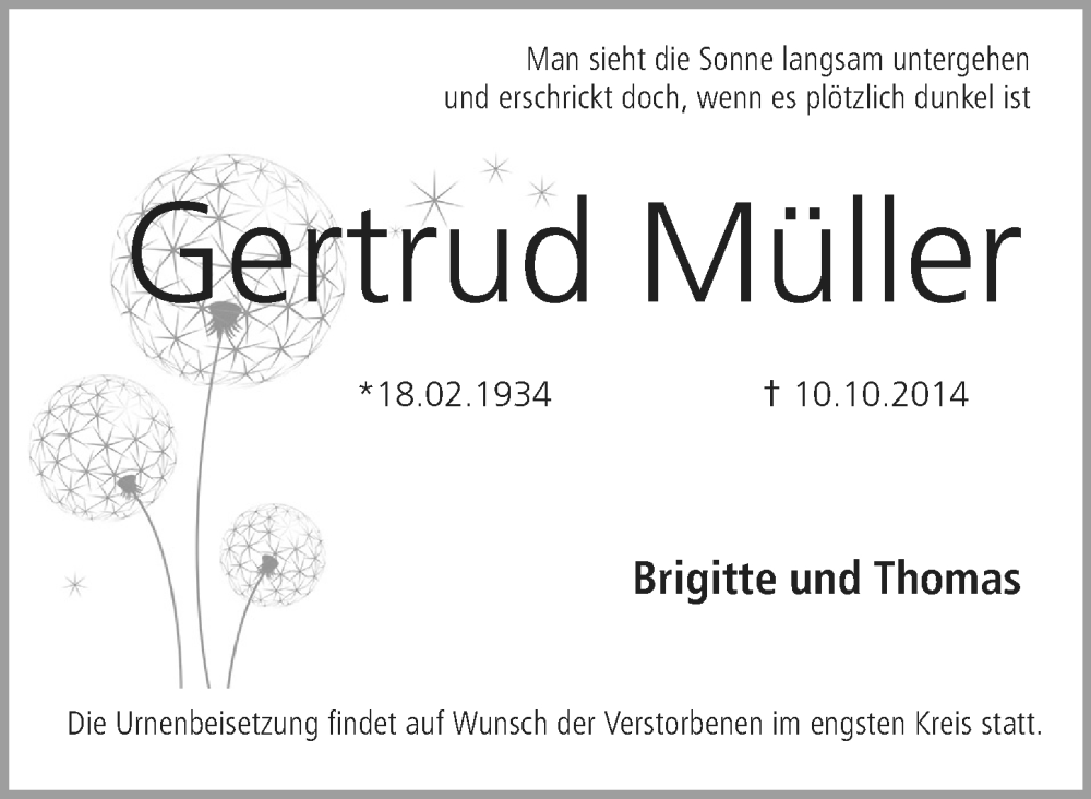  Traueranzeige für Gertrud Müller vom 19.10.2024 aus MGO