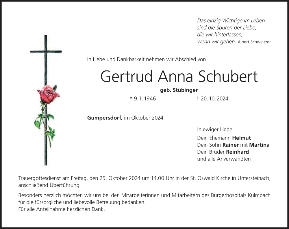  Traueranzeige für Gertrud Anna Schubert vom 23.10.2024 aus MGO
