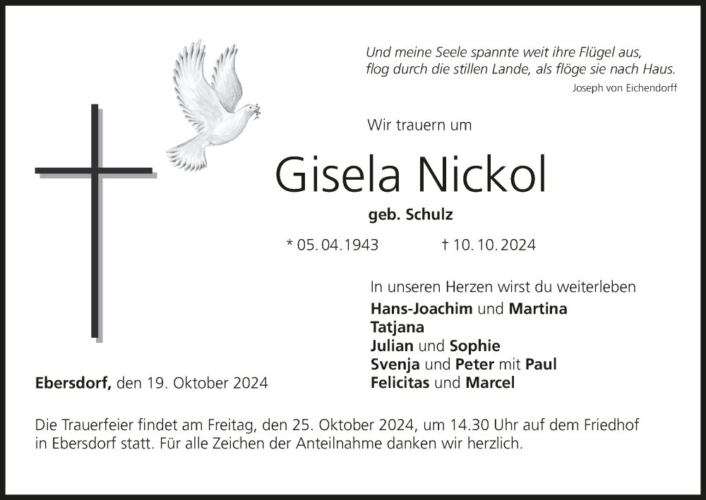  Traueranzeige für Gisela Nickol vom 19.10.2024 aus MGO