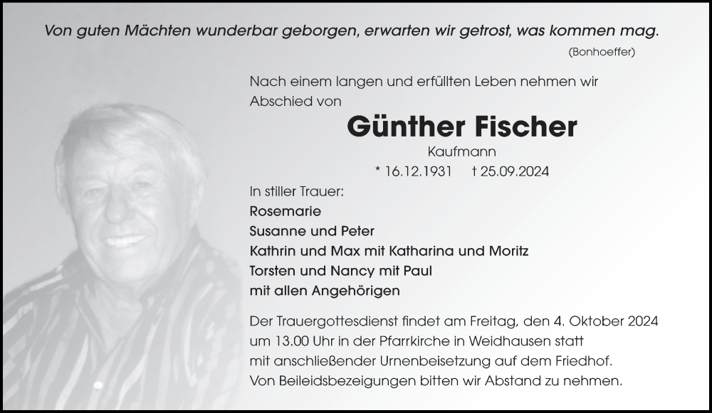  Traueranzeige für Günther Fischer vom 01.10.2024 aus MGO