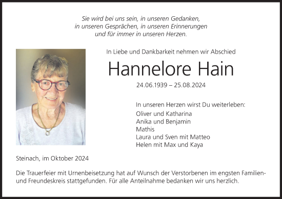 Anzeige von Hannelore Hain von MGO
