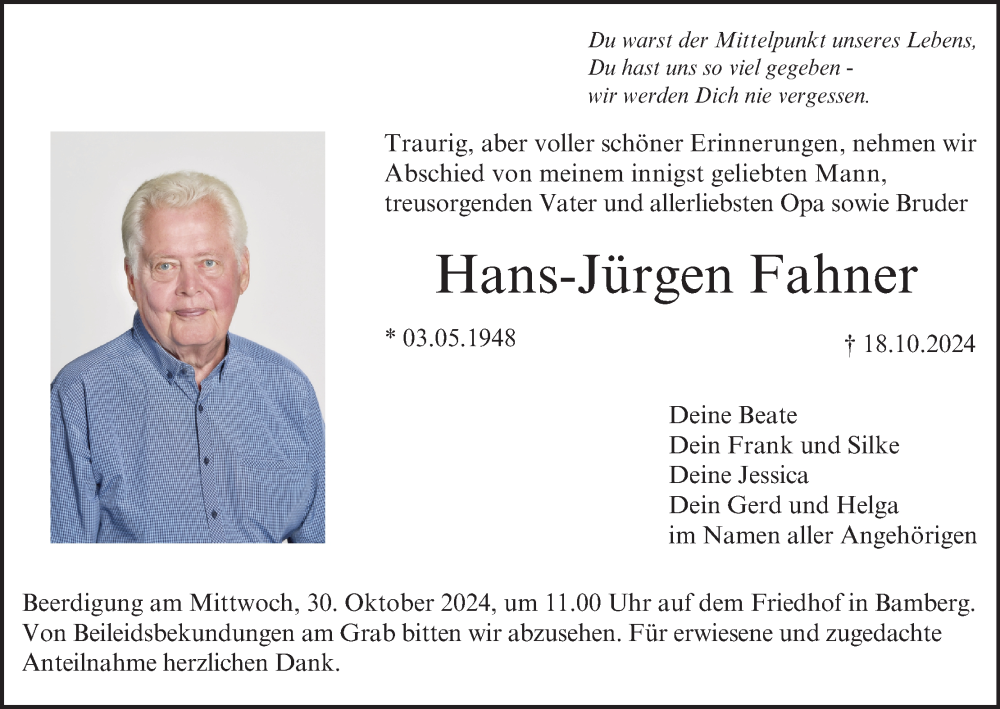  Traueranzeige für Hans-Jürgen Fahner vom 26.10.2024 aus MGO