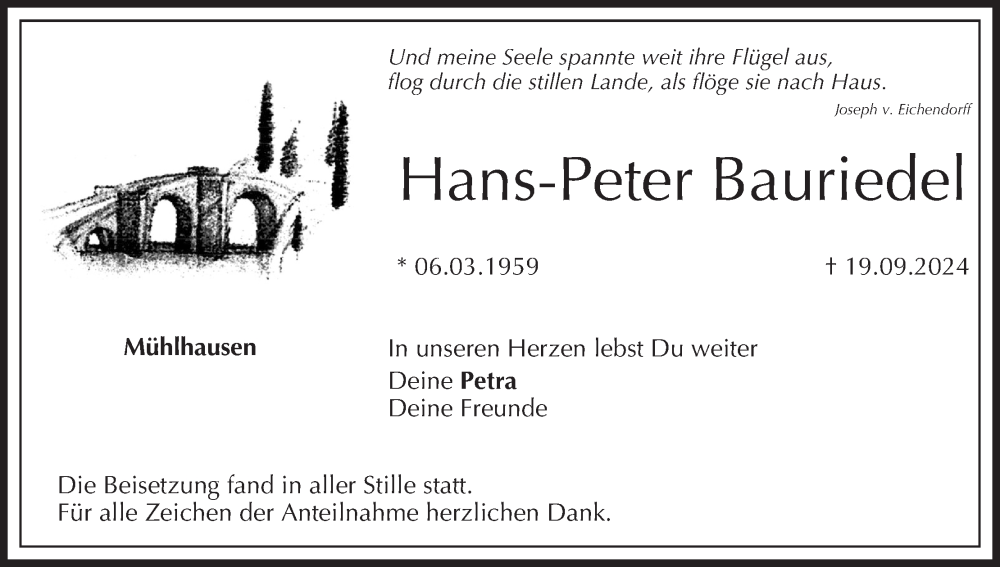  Traueranzeige für Hans-Peter Bauriedel vom 05.10.2024 aus MGO