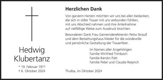 Anzeige von Hedwig Klubertanz von MGO