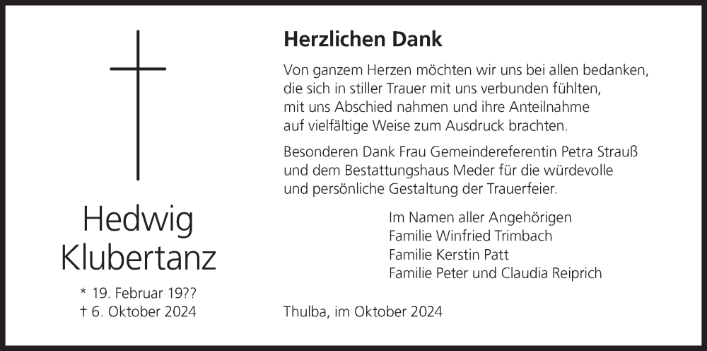  Traueranzeige für Hedwig Klubertanz vom 26.10.2024 aus MGO