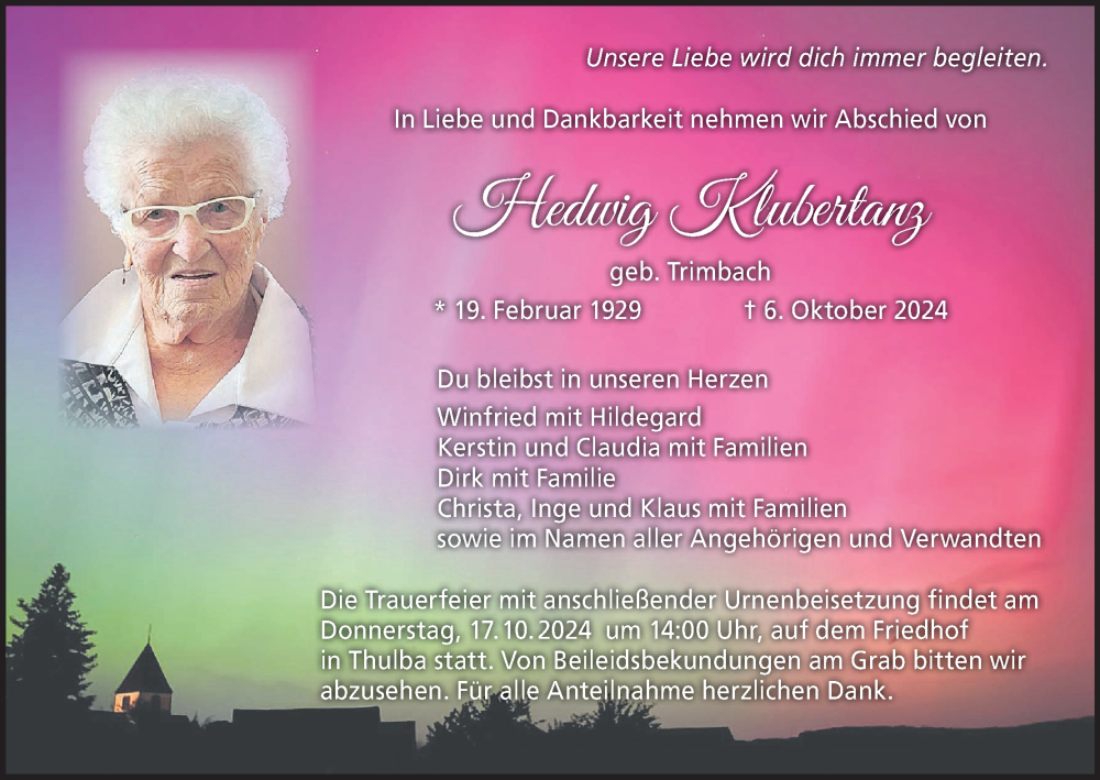  Traueranzeige für Hedwig Klubertanz vom 12.10.2024 aus MGO