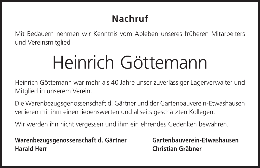  Traueranzeige für Heinrich Göttemann vom 19.10.2024 aus MGO