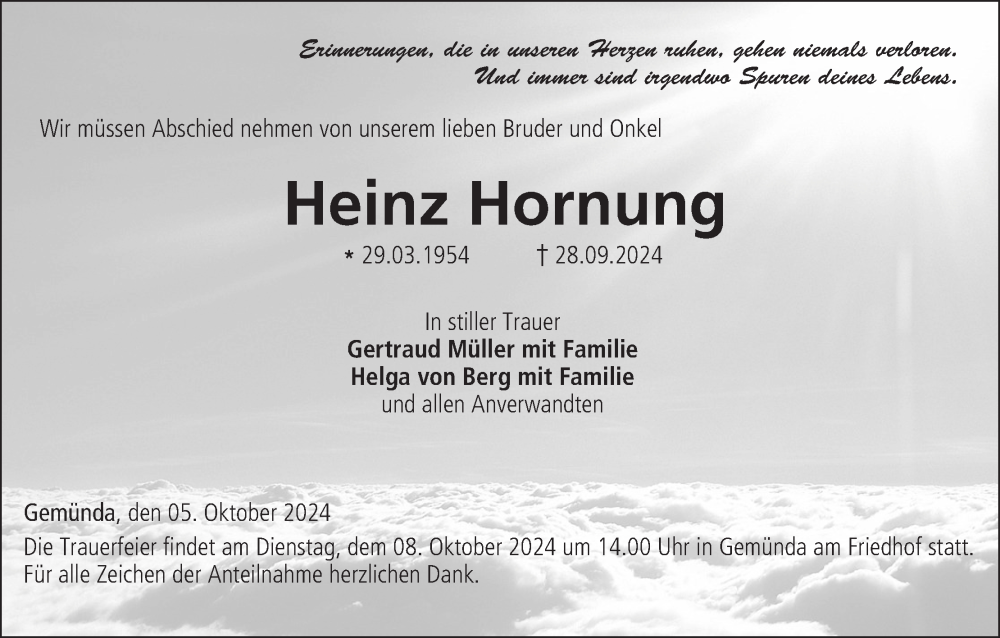  Traueranzeige für Heinz Hornung vom 05.10.2024 aus MGO