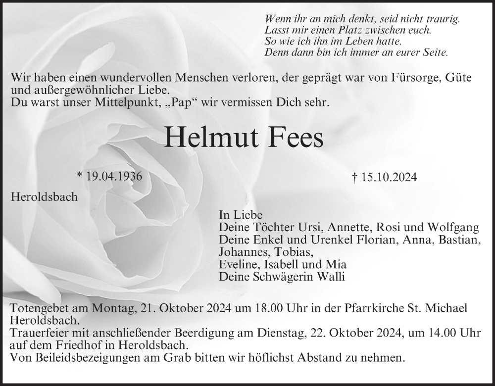  Traueranzeige für Helmut Fees vom 19.10.2024 aus MGO