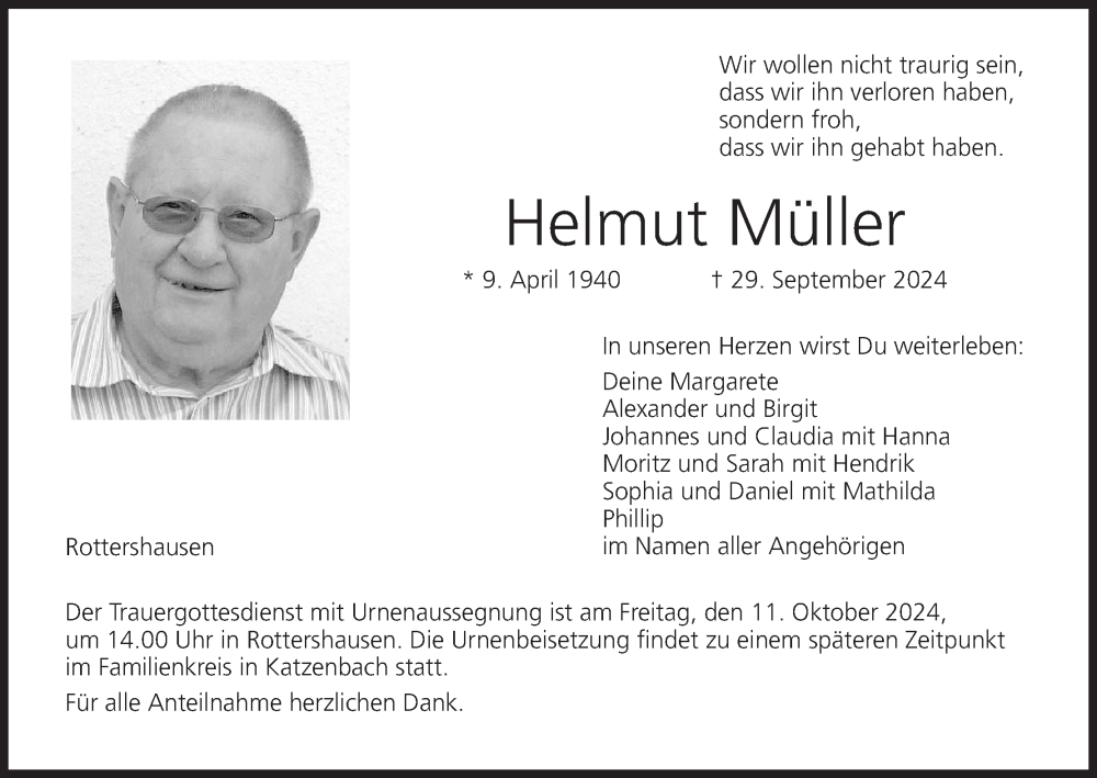  Traueranzeige für Helmut Müller vom 05.10.2024 aus MGO