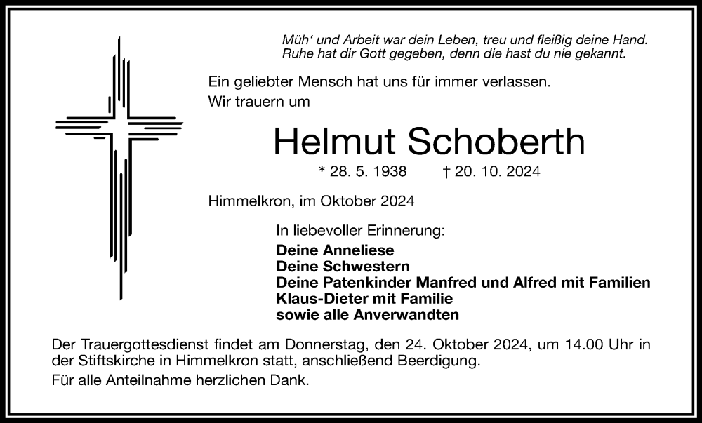  Traueranzeige für Helmut Schoberth vom 22.10.2024 aus MGO